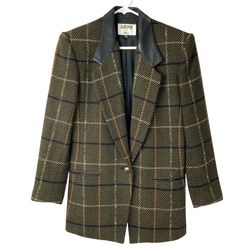 Kasper for A.S.L. Olive Plaid Blazer 6 Button Notched Long Sleeve Leather Collar